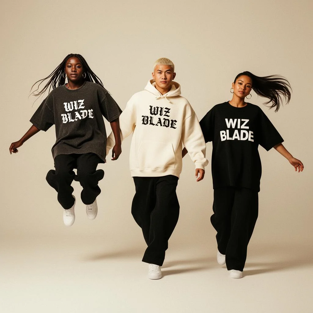 Wiz Blade FW26 — three models in original mark hoodies and tees