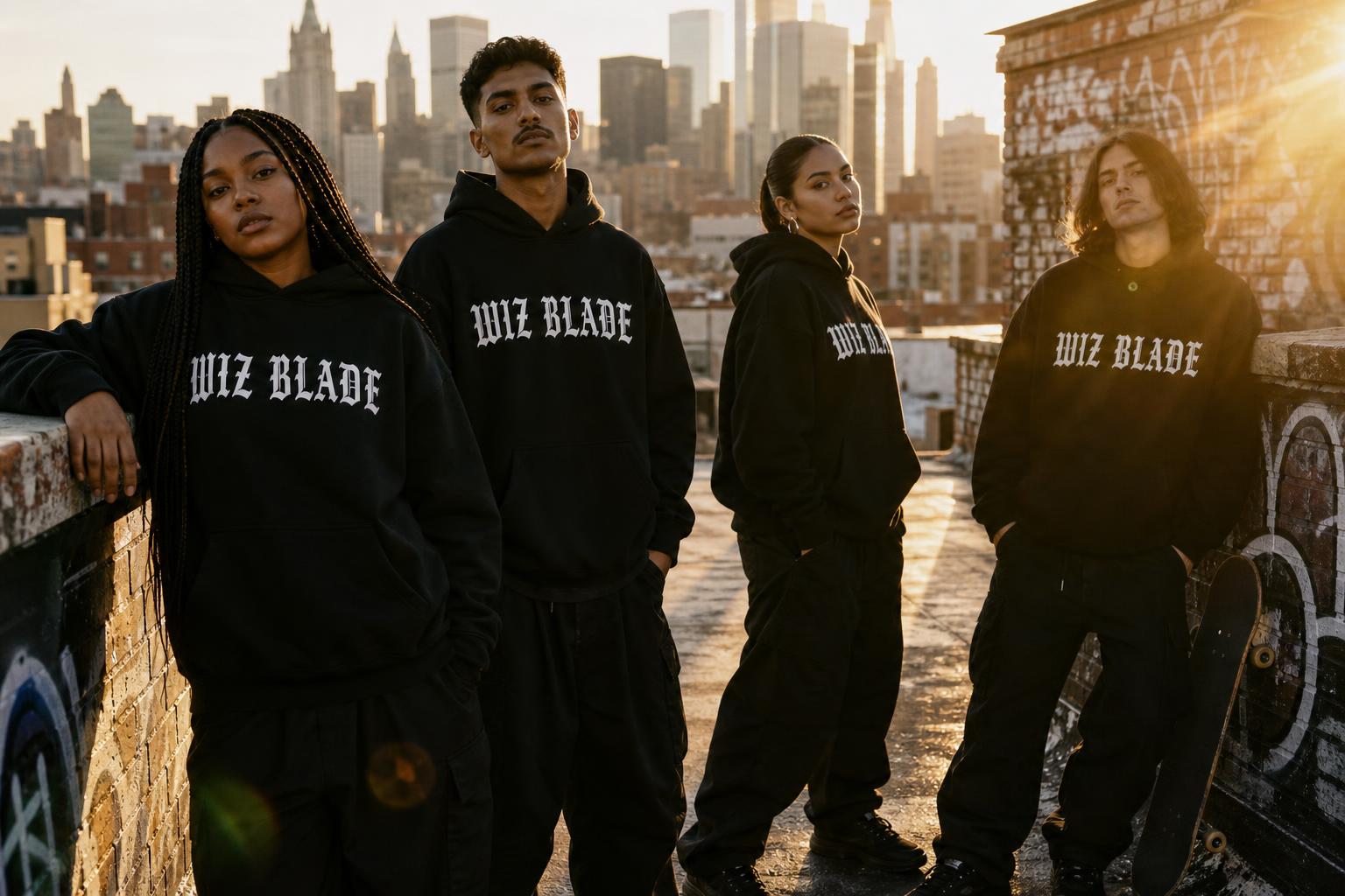 Wiz Blade crew — rooftop, Manhattan skyline at golden hour