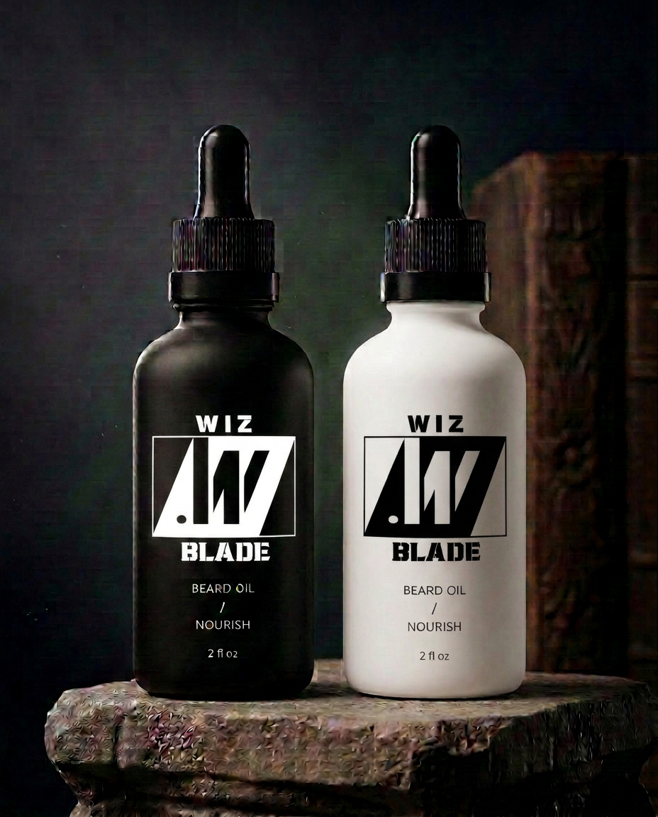 Wiz Blade Beard Oil — Black · Bone label