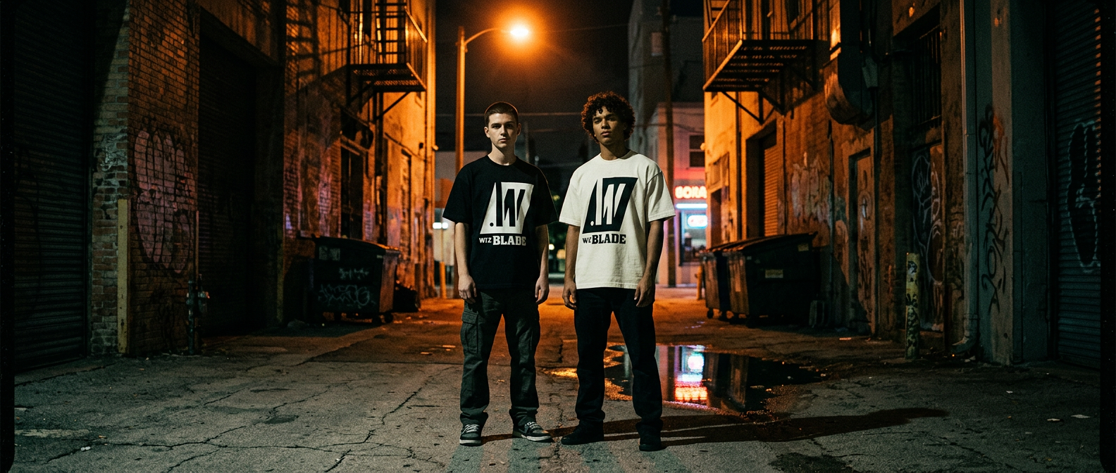 Wiz Blade FW26 — alley campaign, original mark on heavyweight tees